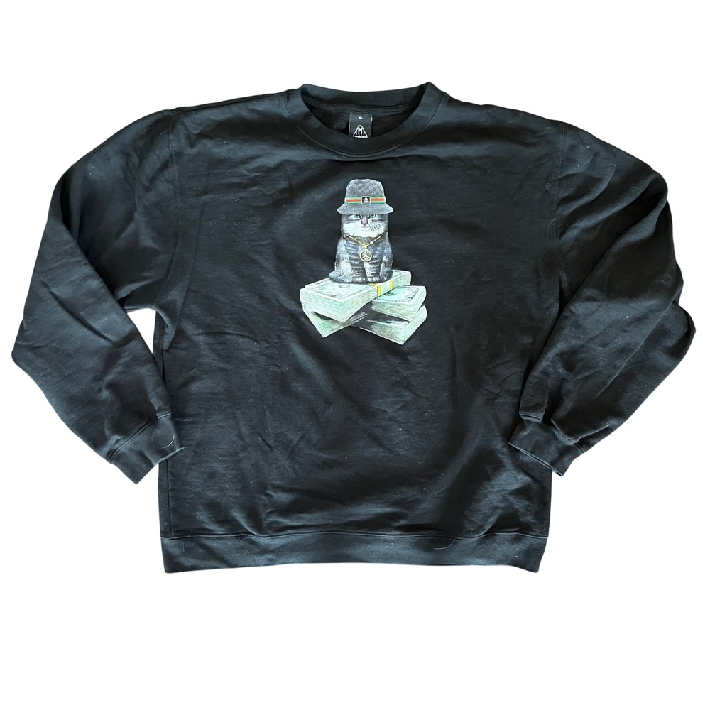 Upper Playground Cat on Money Graphic Sweatshirt Black XL Streetwear Crewneck